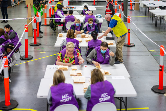 Electoral staff counting votes in Saturday’s referendum at a centre in Melbourne.