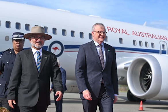 Solomon Islands Prime Minister Matthew Wale (left) and Australian Prime Minister Anthony Albanese in Honiara.