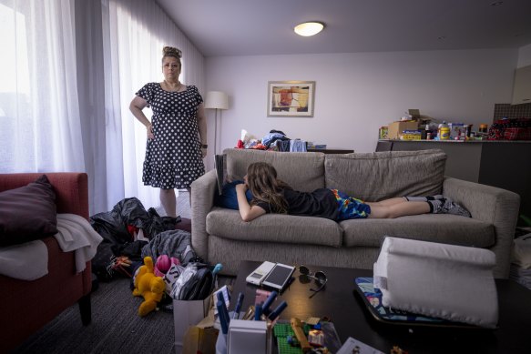 April Bedeau and her 10-year old-son Sebastian are renters who have been severely displaced by the Maribyrnong floods.