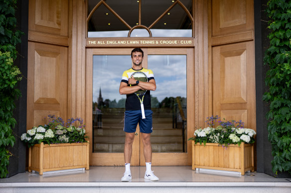 Aleksandar Vukic outside the famed All-England Tennis Clubhouse this week. 