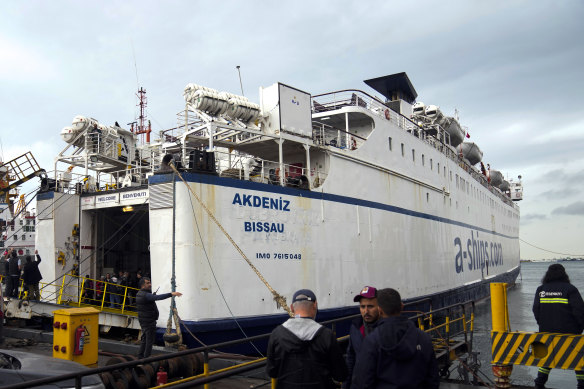 A ship of the Freedom Flotilla Coalition anchors at Tuzla seaport in Istanbul on Friday.
