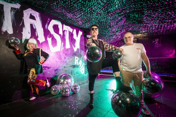 Hostess and performer “Miss Vic” (Victoria Brown, left), Tasty manager Gerard O’Connor and co-founder and DJ Gavin Campbell prepare Inflation nightclub for the 30th-anniversary party.