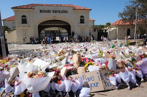 Floral tributes outside the pavilion at Sydney’s Bondi Beach in the days after the attack.