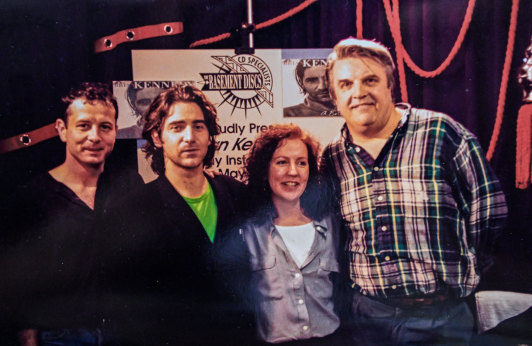 Northern Irish musician Brian Kennedy (second left) and guitarist Calum MacColl with Basement Discs owners Suzanne Bennett and Rod Jacobs, date unknown.