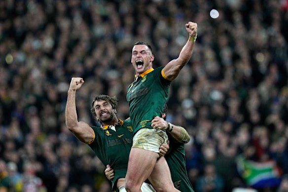 South Africa’s Jesse Kriel (right) and Eben Etzebeth celebrate victory over New Zealand in the 2023 World Cup final.