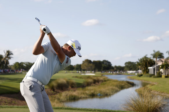 Matt Jones plays a shot on the 16th as he closes in on victory at the Honda Classic.