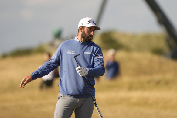 Cameron Young of the US looks at his ball on the 15th green during the second round of the British Open golf championship.