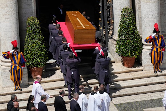 The coffin of Pope Francis being carried into St Mary Major Basilica in Rome.