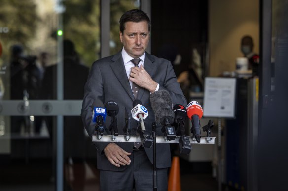 State Opposition leader Matthew Guy speaks to media at state parliament on Tuesday morning.