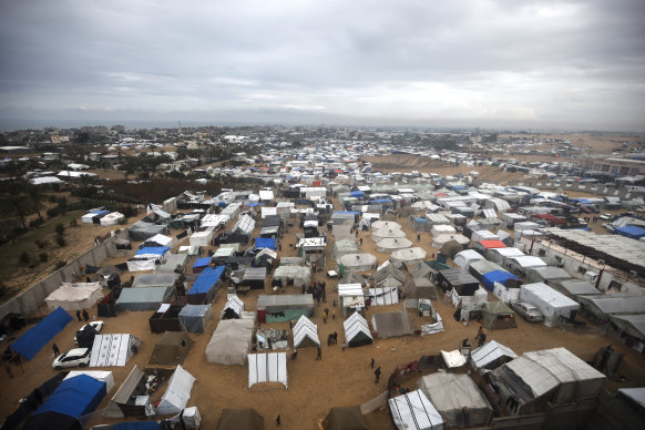 A makeshift tent camp for Palestinians displaced by the Israeli ground offensive on the Gaza Strip, in Rafah.