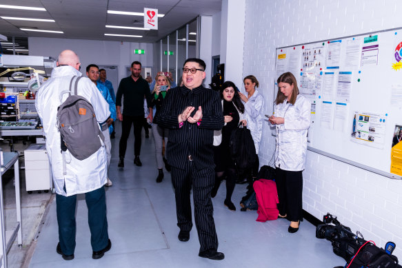 Kim Jong-un impersonator Howard X gatecrashed the end of the prime minister’s media event at Extel Technologies in Mount Waverley.