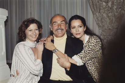 Pamela Salem, Sean Connery and Barbara Carrera during a press launch for the James Bond film Never Say Never Again in 1983.