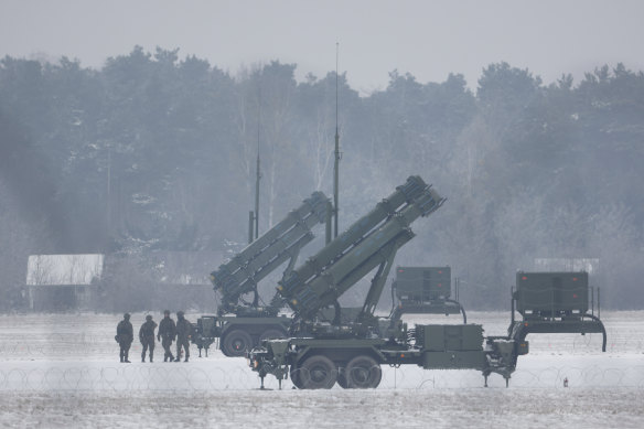 The drive to accelerate missile production in Australia comes in part from the demands of the Ukraine war. Pictured, Patriot missile launchers in Poland last year. 