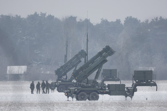 Patriot missile launchers acquired from the US last year are seen deployed in Warsaw, Poland, in February.