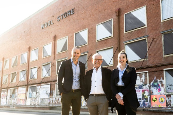 Hesperia director Kyle Jeavons, architect Philip Griffiths and Hesperia development manager Lucy Bothwell outside the Elders Wool Stores in Fremantle.