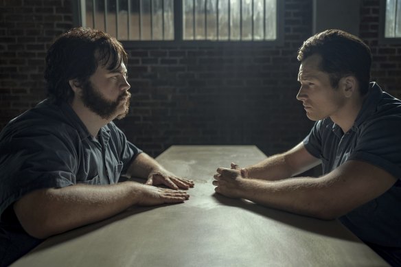 In Black Bird, Taron Egerton (right) plays fallen football hero James Keene, who bargains for a reduction in drug trafficking charges if he can elicit a confession from suspected serial killer Larry Hall (Paul Walter Hauser).