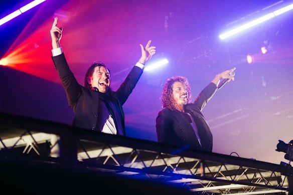 Peking Duk’s Reuben Styles and Adam Hyde on stage at Hordern Pavilion.