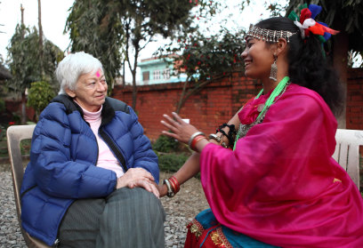 Olga Murray shares some time with former domestic slave Urmila Chaudhary in Ghorahi, Nepal.
