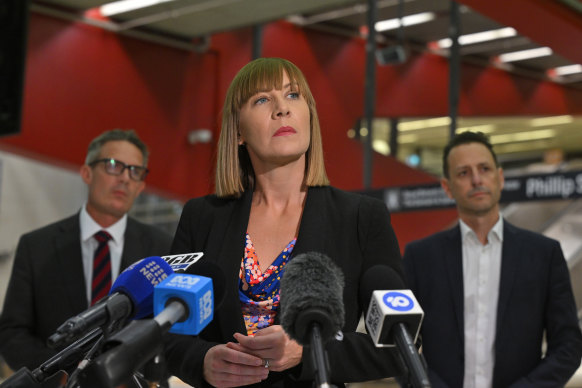 NSW Minister for Transport Jo Haylen speaking at the press conference in Sydney on Thursday.