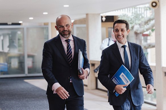 Queensland Treasurer David Janetzki and Premier David Crisafulli prepare to speak to the media about their first budget.
