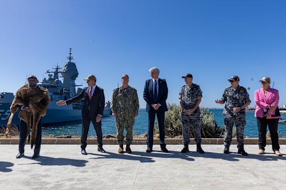US, Australian and UK officials at HMAS Stirling in February. The naval base is due to become a home port for a US nuclear submarine next year.