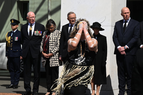 Governor-General David Hurley, Prime Minister Anthony Albanese and Opposition Leader Peter Dutton watch a member of the Yukembruk dance group perform.