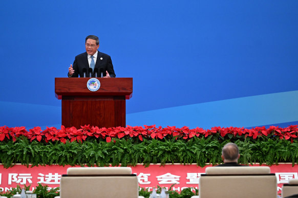 China’s Premier Li Qiang speaks as Albanese looks on during the import expo.