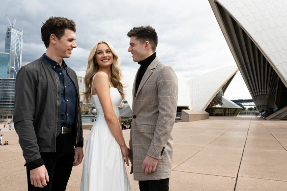 Australian performers (l-r) Blake Bowden (Raoul), Amy Manford (Christine), and Josh Piterman (the Phantom) play the lead roles in The Phantom of the Opera at the Opera House’s Joan Sutherland Theatre. 