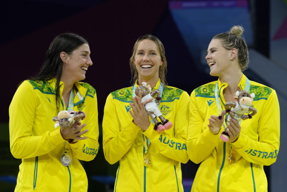 Record breaker Emma McKeon (centre) took gold with Meg Harris and Shayna Jack completing a sweep.