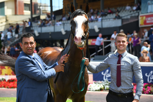 Trainer Julius Sandhu (left) with Lofty Strike after his Blue Diamond Prelude win.