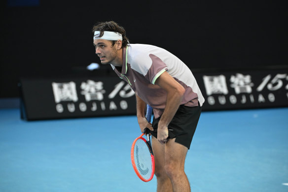 Taylor Fritz in his quarter-final clash with Novak Djokovic.