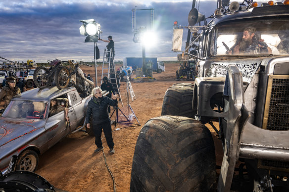 Tom Burke, Taylor-Joy, director George Miller and Hemsworth on the Broken Hill set of Furiosa. 