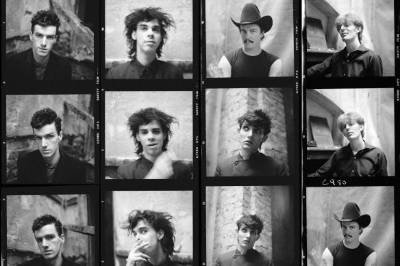 Contact sheet of Nick Cave and the Birthday Party at a portrait session in a disused church in Kilburn, London in October 1981.