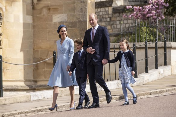 Prince William, the Duke of Cambridge and Catherine, the Duchess of Cambridge attend the Easter Sunday service at St George’s Chapel in Windsor with their children Prince George and Princess Charlotte. 