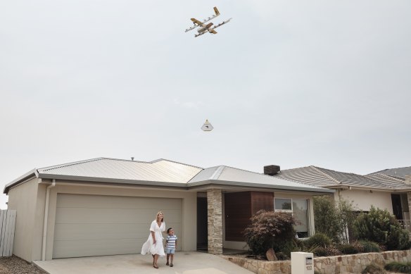 Wing’s drones don’t land at customers’ homes; they lower deliveries on a seven-metre cable and leave them on the ground.