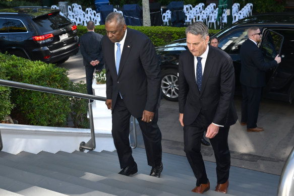 US Defence Secretary Lloyd Austin (left) and  Australian Defence Minister Richard Marles arriving for AUSMIN talks in Brisbane.