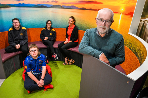 Kalianna School principal Peter Bush (right) and assistant principal Lara Pearce with students Jacob Creme, Zach Bingham and Talia Blair. 