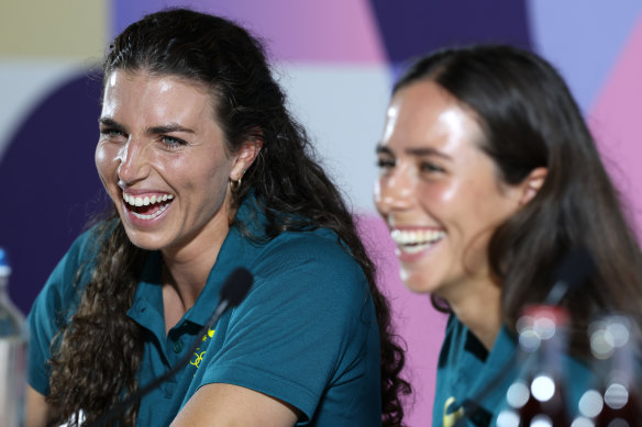 Jessica Fox (left) and Noemie Fox (right) of Australia speak to the media on Sunday in Paris. 