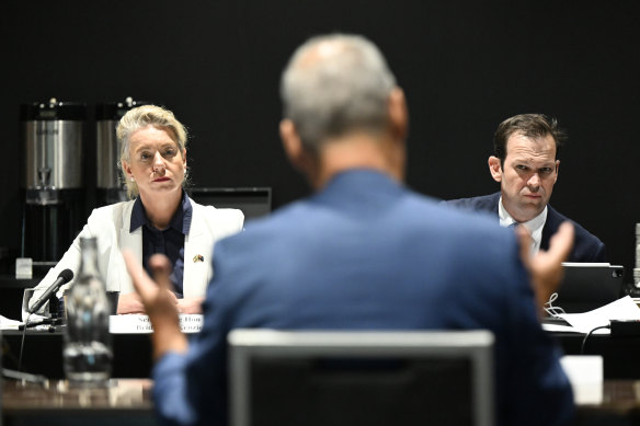 Archipelago’s Peter Edwards giving evidence in April, as senators Bridget McKenzie and Matt Canavan look on, at the inquiry’s most recent public hearing in Brisbane.