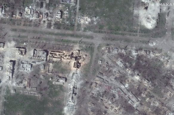 MaxarTechnologies shows demolished university buildings and the radio tower in Bakhmut, Ukraine, on Monday.