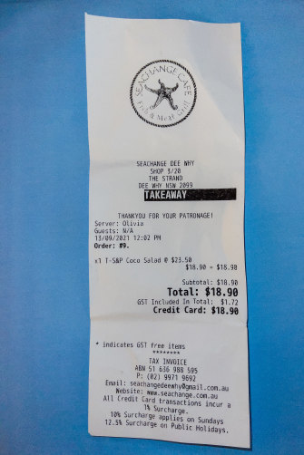 Receipt from Seachange cafe for lunch with Greg Mullins.