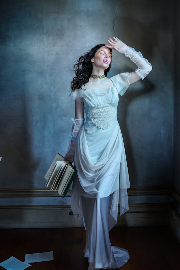 Model Sarah Burns from Chadwick at Villa Alba historic home in Kew. Dress by Gwendolynne, styled by Ruby Parker, hair and make-up by Shiree Collier.