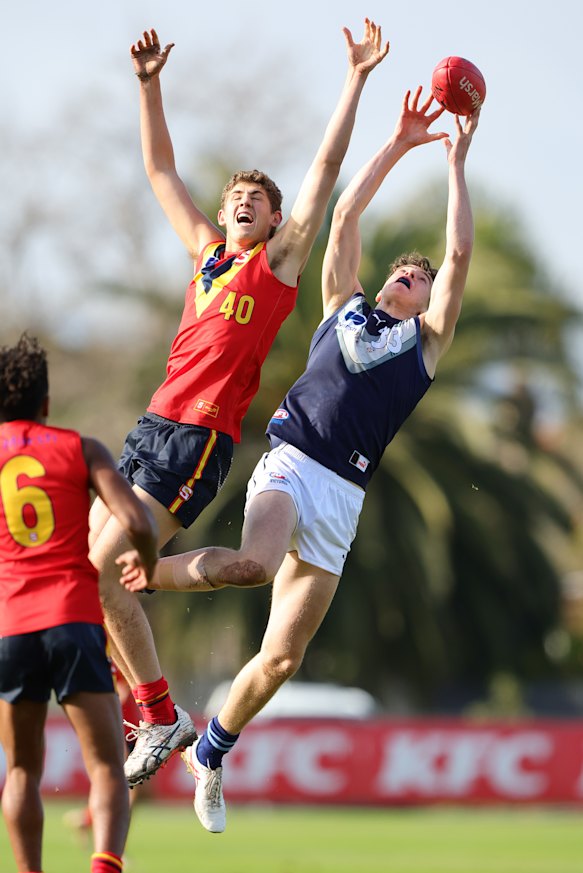 Louis Emmett flies high for a mark for Victoria Metro at last year’s national championships.
