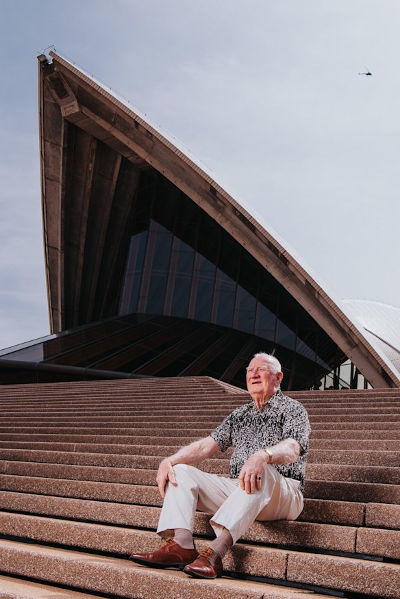 Former carpenter Denis O’Mara, on the steps of the Sydney Opera House, which he helped build.