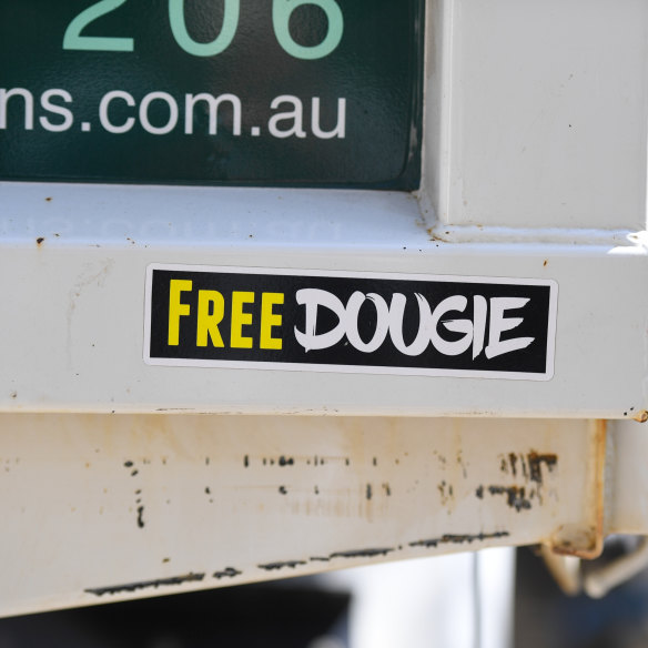 One of the “Free Dougie” bumper stickers seen on vehicles around Sydney’s northern beaches.