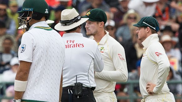 No explanation: Cameron Bancroft talking to the umpire after the ball tampering incident.