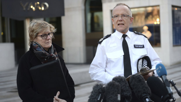 Head of counter-terrorism policing Assistant Commissioner Mark Rowley, right, and England's chief medical officer Dame Sally Davies outside New Scotland Yard.