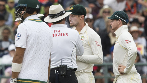 No explanation: Cameron Bancroft talking to the umpire after the ball tampering incident.