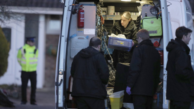 Police around the home of former Russian double agent Sergei Skripal. The Russian ex-spy and his daughter are fighting for their lives in an English hospital after they were attacked on Sunday with a nerve agent.