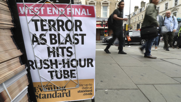 A London evening newspaper poster outside Paddington tube station in London, after a terrorist incident was declared at Parsons Green in September.